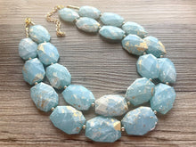 Load image into Gallery viewer, Golden Aqua Necklace, Double strand bright jewelry, big beaded chunky statement, summer necklace, light turquoise blue gold white