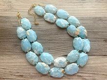 Load image into Gallery viewer, Golden Aqua Necklace, Double strand bright jewelry, big beaded chunky statement, summer necklace, light turquoise blue gold white
