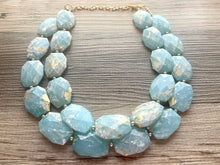 Load image into Gallery viewer, Golden Aqua Necklace, Double strand bright jewelry, big beaded chunky statement, summer necklace, light turquoise blue gold white