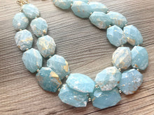 Load image into Gallery viewer, Golden Aqua Necklace, Double strand bright jewelry, big beaded chunky statement, summer necklace, light turquoise blue gold white