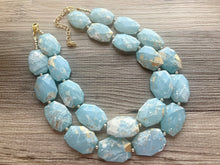 Load image into Gallery viewer, Golden Aqua Necklace, Double strand bright jewelry, big beaded chunky statement, summer necklace, light turquoise blue gold white