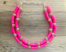 Load image into Gallery viewer, Pink Glitter Chunky Statement Necklace, rainbow pink beaded necklace, bubble jewelry hot pink jewelry multi strand necklace, bib chunky