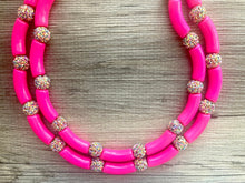 Load image into Gallery viewer, Pink Glitter Chunky Statement Necklace, rainbow pink beaded necklace, bubble jewelry hot pink jewelry multi strand necklace, bib chunky