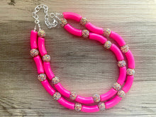 Load image into Gallery viewer, Pink Glitter Chunky Statement Necklace, rainbow pink beaded necklace, bubble jewelry hot pink jewelry multi strand necklace, bib chunky