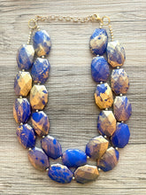 Load image into Gallery viewer, Golden Royal Blue Necklace, Double strand bright jewelry, big beaded chunky statement, summer necklace, turquoise blue gold white