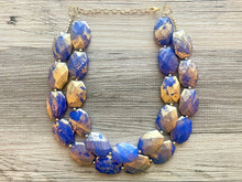 Load image into Gallery viewer, Golden Royal Blue Necklace, Double strand bright jewelry, big beaded chunky statement, summer necklace, turquoise blue gold white