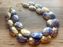 Load image into Gallery viewer, Golden Royal Blue Necklace, Double strand bright jewelry, big beaded chunky statement, summer necklace, turquoise blue gold white