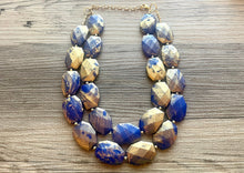 Load image into Gallery viewer, Golden Royal Blue Necklace, Double strand bright jewelry, big beaded chunky statement, summer necklace, turquoise blue gold white