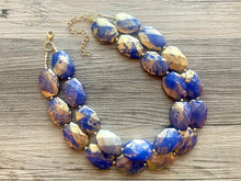 Load image into Gallery viewer, Golden Royal Blue Necklace, Double strand bright jewelry, big beaded chunky statement, summer necklace, turquoise blue gold white