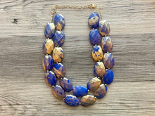 Load image into Gallery viewer, Golden Royal Blue Necklace, Double strand bright jewelry, big beaded chunky statement, summer necklace, turquoise blue gold white