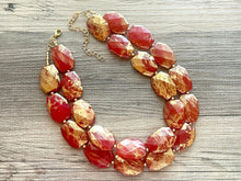 Load image into Gallery viewer, Golden Red Necklace, Double strand bright jewelry, big beaded chunky statement, summer necklace bright Cherry red gold