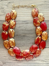 Load image into Gallery viewer, Golden Red Necklace, Double strand bright jewelry, big beaded chunky statement, summer necklace bright Cherry red gold