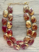 Load image into Gallery viewer, Golden Cranberry Necklace, Double strand bright jewelry, big beaded chunky statement, summer necklace Marsala dark red maroon gold