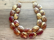 Load image into Gallery viewer, Golden Cranberry Necklace, Double strand bright jewelry, big beaded chunky statement, summer necklace Marsala dark red maroon gold