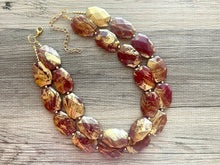 Load image into Gallery viewer, Golden Cranberry Necklace, Double strand bright jewelry, big beaded chunky statement, summer necklace Marsala dark red maroon gold