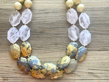 Load image into Gallery viewer, Golden Royal Blue Sky Necklace, Double strand bright jewelry, big beaded chunky statement, summer necklace, turquoise blue gold white
