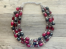 Load image into Gallery viewer, Cranberry Soirée, Chunky 3 Strand Statement Necklace, fall necklace, maroon jewelry, dark red necklace, black glitter gold statement