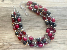 Load image into Gallery viewer, Cranberry Soirée, Chunky 3 Strand Statement Necklace, fall necklace, maroon jewelry, dark red necklace, black glitter gold statement
