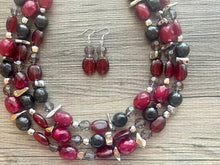 Load image into Gallery viewer, Cranberry Soirée, Chunky 3 Strand Statement Necklace, fall necklace, maroon jewelry, dark red necklace, black glitter gold statement