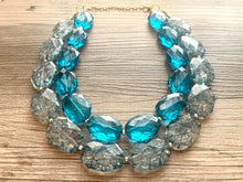 Load image into Gallery viewer, Teal Big Beaded Statement Necklace, beaded jewelry, blue jewelry, teal beaded necklace, turquoise jewelry, blue necklace, chunky beaded bib