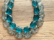 Load image into Gallery viewer, Teal Big Beaded Statement Necklace, beaded jewelry, blue jewelry, teal beaded necklace, turquoise jewelry, blue necklace, chunky beaded bib