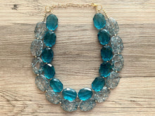 Load image into Gallery viewer, Teal Big Beaded Statement Necklace, beaded jewelry, blue jewelry, teal beaded necklace, turquoise jewelry, blue necklace, chunky beaded bib