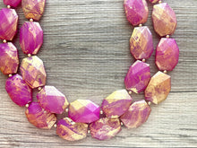 Load image into Gallery viewer, Golden Passion Fruit Necklace, Double strand bright jewelry, big beaded chunky statement, summer necklace bright pink gold magenta dark pink