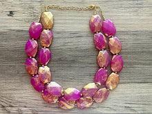 Load image into Gallery viewer, Golden Passion Fruit Necklace, Double strand bright jewelry, big beaded chunky statement, summer necklace bright pink gold magenta dark pink