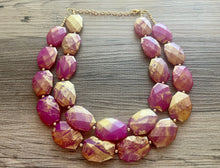 Load image into Gallery viewer, Golden Passion Fruit Necklace, Double strand bright jewelry, big beaded chunky statement, summer necklace bright pink gold magenta dark pink