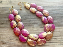 Load image into Gallery viewer, Golden Passion Fruit Necklace, Double strand bright jewelry, big beaded chunky statement, summer necklace bright pink gold magenta dark pink