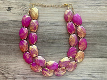 Load image into Gallery viewer, Golden Passion Fruit Necklace, Double strand bright jewelry, big beaded chunky statement, summer necklace bright pink gold magenta dark pink