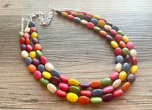 Load image into Gallery viewer, Rainbow 3 strand Beaded Necklace, Dyed Turquoise Stone Colorful Jewelry, Chunky statement necklace, big beaded necklace, rainbow jewelry