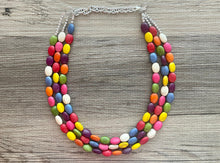 Load image into Gallery viewer, Rainbow 3 strand Beaded Necklace, Dyed Turquoise Stone Colorful Jewelry, Chunky statement necklace, big beaded necklace, rainbow jewelry