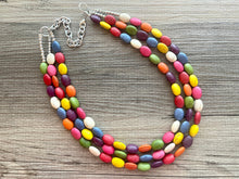 Load image into Gallery viewer, Rainbow 3 strand Beaded Necklace, Dyed Turquoise Stone Colorful Jewelry, Chunky statement necklace, big beaded necklace, rainbow jewelry