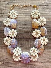 Load image into Gallery viewer, Golden Lavender MOD Necklace, Double strand bright jewelry, big beaded chunky statement, summer necklace, light purple gold lilac earrings