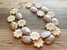 Load image into Gallery viewer, Golden Lavender MOD Necklace, Double strand bright jewelry, big beaded chunky statement, summer necklace, light purple gold lilac earrings