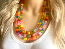 Load image into Gallery viewer, Rainbow Neon 3 strand Beaded Necklace, Colorful Jewelry, Chunky statement necklace, big beaded necklace, rainbow jewelry, rainbow confetti