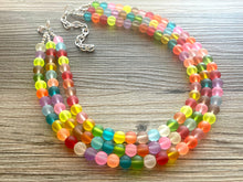 Load image into Gallery viewer, Rainbow Neon 3 strand Beaded Necklace, Colorful Jewelry, Chunky statement necklace, big beaded necklace, rainbow jewelry, rainbow confetti
