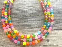 Load image into Gallery viewer, Rainbow Neon 3 strand Beaded Necklace, Colorful Jewelry, Chunky statement necklace, big beaded necklace, rainbow jewelry, rainbow confetti