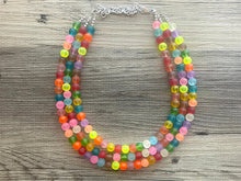 Load image into Gallery viewer, Rainbow Neon 3 strand Beaded Necklace, Colorful Jewelry, Chunky statement necklace, big beaded necklace, rainbow jewelry, rainbow confetti