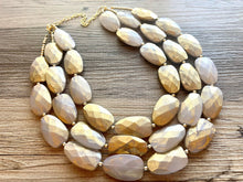 Load image into Gallery viewer, Gold & White triple chunky statement necklace, big beaded jewelry, gifts for women bib jewelry Multi-Strand metallic resin gold painted