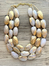 Load image into Gallery viewer, Gold & White triple chunky statement necklace, big beaded jewelry, gifts for women bib jewelry Multi-Strand metallic resin gold painted