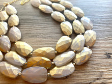 Load image into Gallery viewer, Gold & White triple chunky statement necklace, big beaded jewelry, gifts for women bib jewelry Multi-Strand metallic resin gold painted