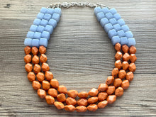 Load image into Gallery viewer, Malibu Orange & Blue Chunky Statement Necklace, multi Strand Beaded Jewelry, baby blue jewelry, chunky bib light blue sky periwinkle