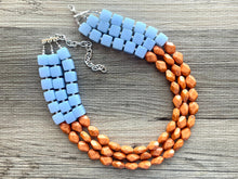 Load image into Gallery viewer, Malibu Orange & Blue Chunky Statement Necklace, multi Strand Beaded Jewelry, baby blue jewelry, chunky bib light blue sky periwinkle