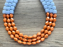 Load image into Gallery viewer, Malibu Orange & Blue Chunky Statement Necklace, multi Strand Beaded Jewelry, baby blue jewelry, chunky bib light blue sky periwinkle