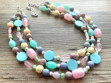Load image into Gallery viewer, Pastel Easter Statement Necklace, Colorful Beaded Necklace, Chunky bib necklace, pastel necklace, pastel jewelry, mint earrings periwinkle