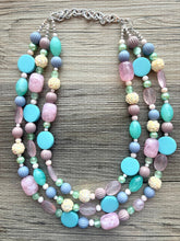 Load image into Gallery viewer, Pastel Easter Statement Necklace, Colorful Beaded Necklace, Chunky bib necklace, pastel necklace, pastel jewelry, mint earrings periwinkle