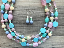Load image into Gallery viewer, Pastel Easter Statement Necklace, Colorful Beaded Necklace, Chunky bib necklace, pastel necklace, pastel jewelry, mint earrings periwinkle