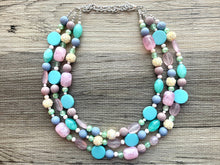 Load image into Gallery viewer, Pastel Easter Statement Necklace, Colorful Beaded Necklace, Chunky bib necklace, pastel necklace, pastel jewelry, mint earrings periwinkle